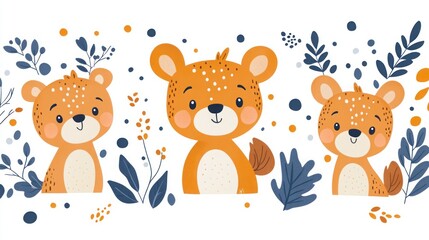 Three cute cartoon bears among autumn leaves.