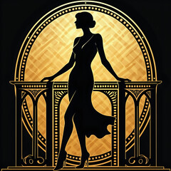 Art Deco flapper silhouette with golden circular motif
