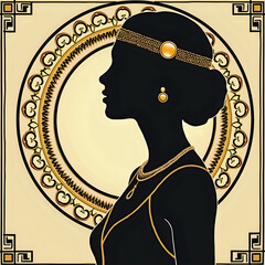 Art Deco woman profile with golden jewelry against geometric pattern