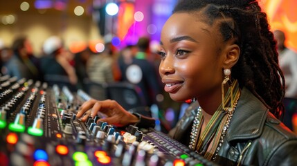 Young woman smiling, operating a sound mixing console at a music event.