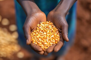 Freshly Harvested Paddy Grains Held in Hands Against a Blurred Farming Backdrop with Natural Lighting in a Raw Artistic Style