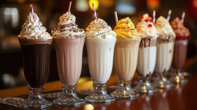 A row of milkshakes in tall glasses featuring chocolate, vanilla, and strawberry flavors, topped with whipped cream and sprinkles