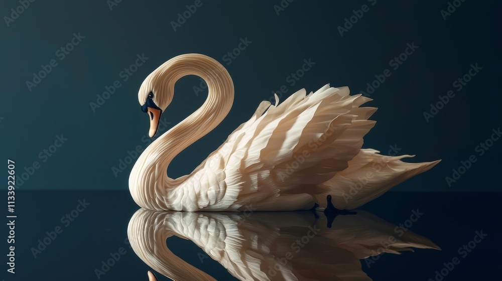 Poster Elegant silk swan displayed on reflective surface in artistic setting captured from an impressive angle for aesthetic appeal