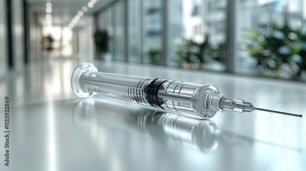 Poster a single-use syringe rests on a shiny surface in a modern building hallway.