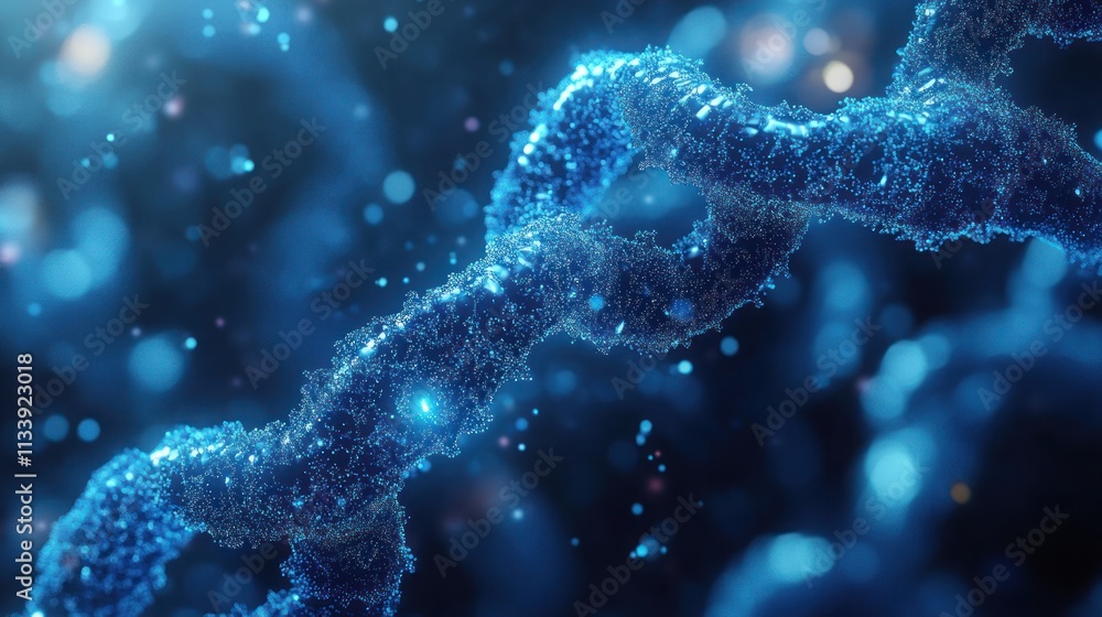 Poster microscopic view of a dna double helix strand glowing blue in a dark background with bokeh effect.