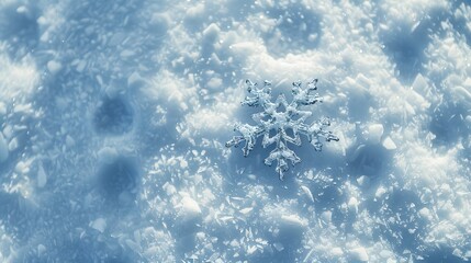 A single, perfect snowflake rests on a bed of glistening ice crystals, reflecting the soft winter light.