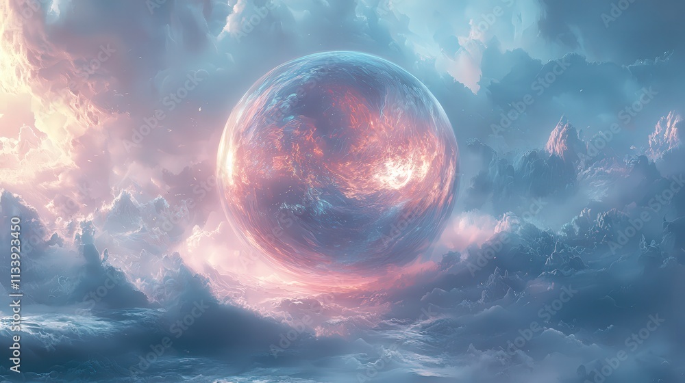Poster translucent sphere pulsating in midair over ethereal clouds fantasy illustration dreamlike atmospher