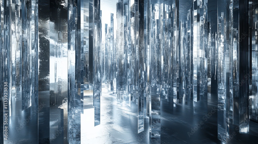 Poster abstract forest of vertical beams swaying digital art installation contemporary environment ethereal