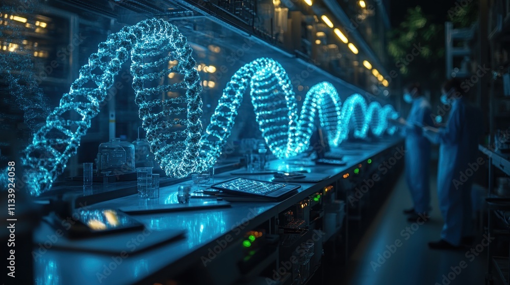 Poster futuristic dna helix model displayed in a modern laboratory with scientists.