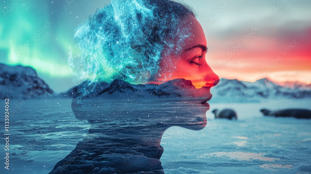 Aufkleber inspiring double exposure of a scientist in nature arctic landscape digital art ethereal atmosphere 
