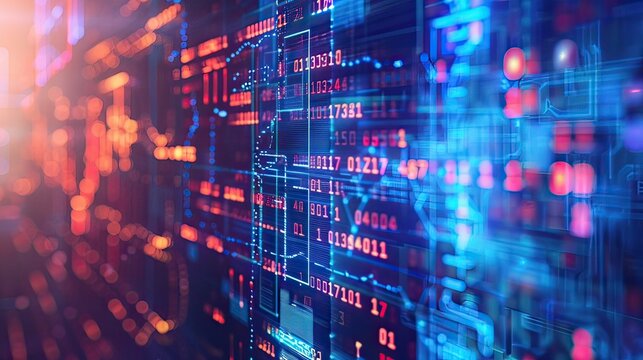 Abstract technology interface with circuit board patterns and binary code.