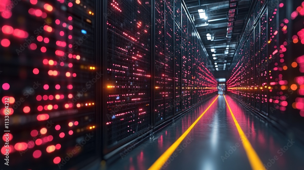Poster illuminated data center corridor: a glimpse into the heart of digital infrastructure