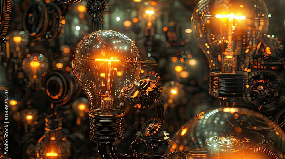 Poster a thought-provoking visual of lightbulbs and gears symbolizing ideas and concepts.