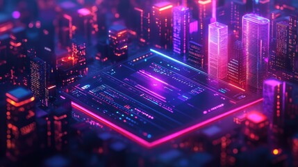 Fototapeta premium Neon Cityscape on Digital Circuitry: A Futuristic Metropolis Illuminated by Vibrant Pink and Blue Hues