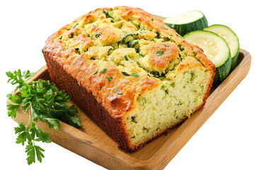 Savory zucchini bread is placed on a wooden board and garnished with fresh cucumber slices. Bright green herbs enhance the visual appeal, showcasing a delicious and healthy snack option suitable for a