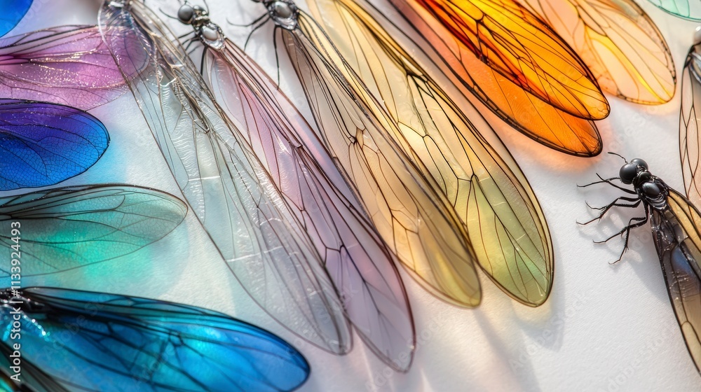 Poster Translucent insect layered sticker sheets displayed on white background creative art colorful environment close-up view