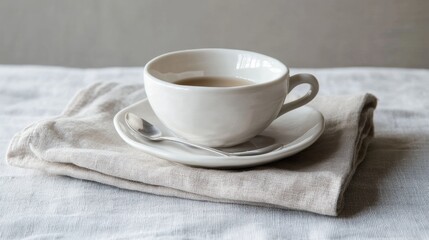 A simple and elegant traditional coffee setup with a white porcelain cup, saucer, and teaspoon on a linen napkin
