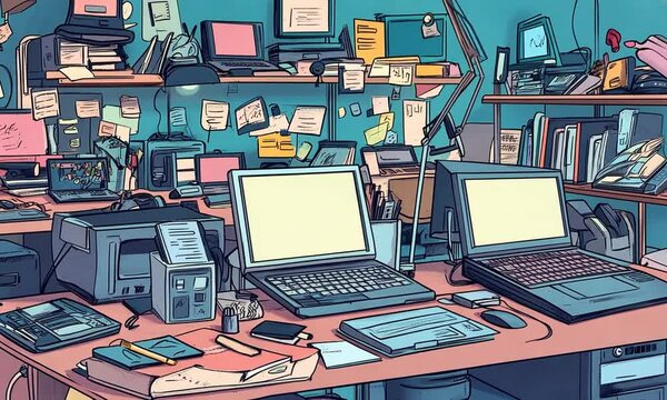 A cluttered workspace with multiple computers, printers, and scattered documents.