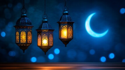 Three illuminated lanterns hang against a crescent moon and bokeh background.