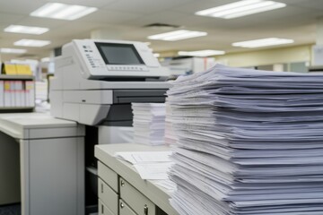 High-Resolution Wide Angle View of a Copier Machine in an Office Environment with Bright Fluorescent Lighting and Stacks of Printed Documents on a Desk