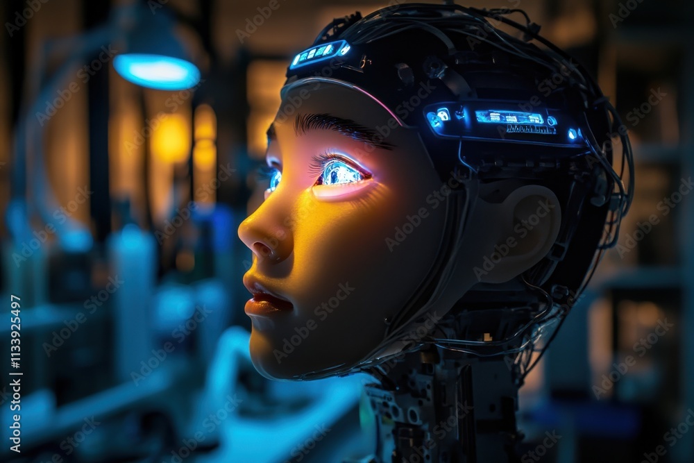 Aufkleber humanoid robot face with led lit eyes under dramatic lighting in an industrial lab backdrop for adva