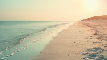 A film photograph of an empty beach at sunrise, the horizon glowing with muted pastel hues, and the soft texture of film adding a dreamy, timeless quality." 