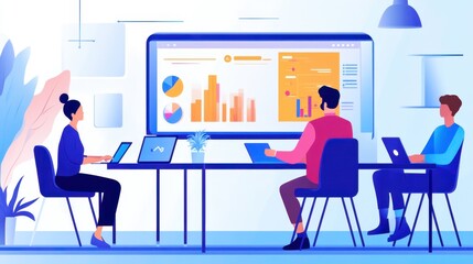 A sleek workspace with a young entrepreneur presenting a financial pitch to investors, showcasing startup metrics like expenses, revenue