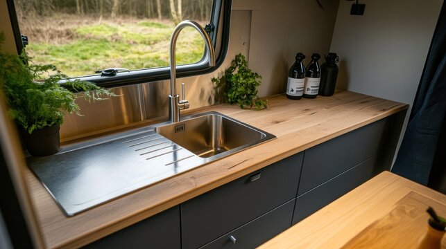 Modern van conversion kitchen with oak countertop, stainless steel sink, and faucet.