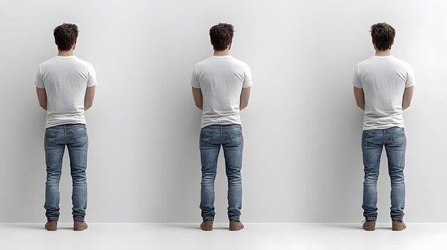 Three men in white t-shirts and jeans standing with their backs to the camera against a white wall.