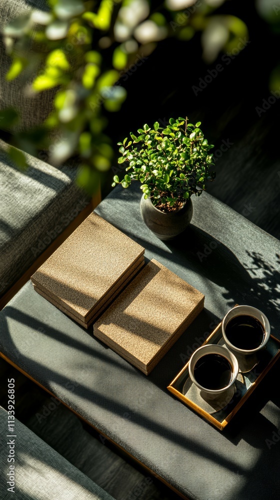 Poster two cups of coffee on a tray with two boxes on a table with a potted plant and sun rays coming throu