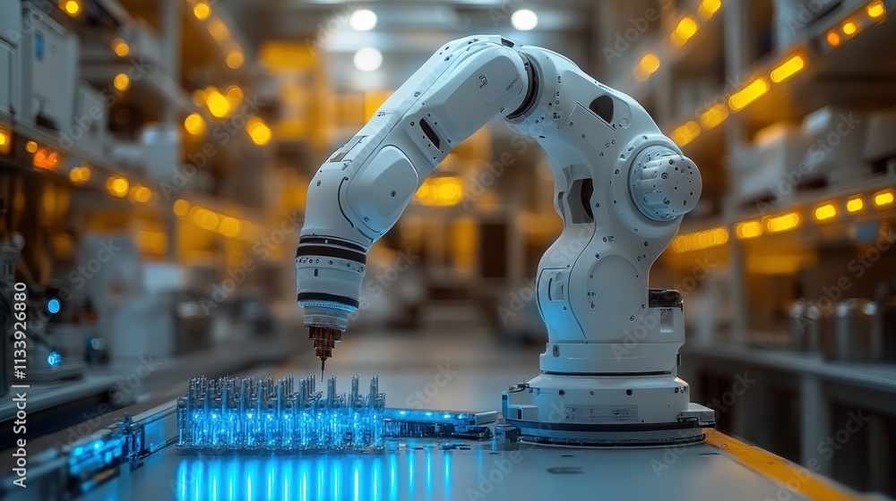Aufkleber robotic arm precisely handling vials in a modern laboratory setting.