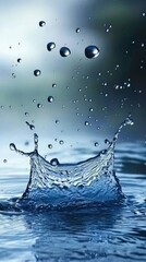 Water droplets splash and create a crown-like shape on the surface of the water.