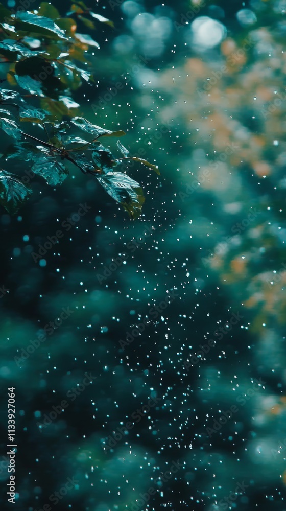Poster water droplets falling through the air, creating a bokeh effect.
