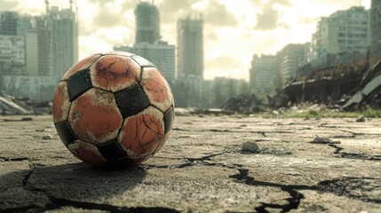 A soccer ball on a cracked concrete surface, with a gritty urban setting in the background
