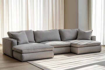 Fototapeta premium Minimalist Living Room Featuring a Stylish Sectional Sofa Bathed in Warm Sunlight Streaming Through Sheer Curtains Over Light Wooden Floor