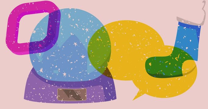 Risograph Christmas stocking and Snow Globe and speech bubble with geometric shapes animation.
