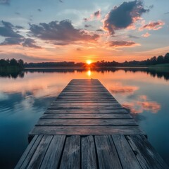 serene sunset over calm lake with wooden pier
