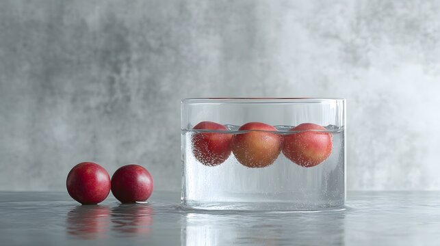 Three plums float in water, two rest on surface. - Powered by Adobe