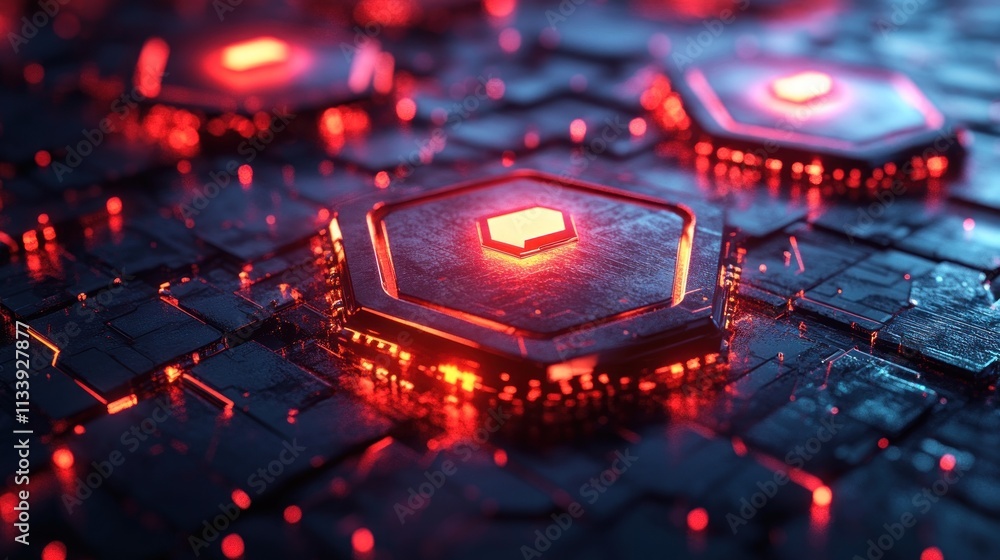 Poster glowing hexagonal processors: a futuristic techscape