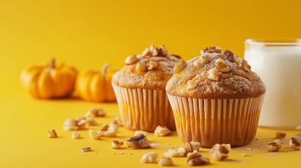 Carrot (pumpkin) muffins with chopped nuts and cinnamon powder with milk glass isolated on a yellow background