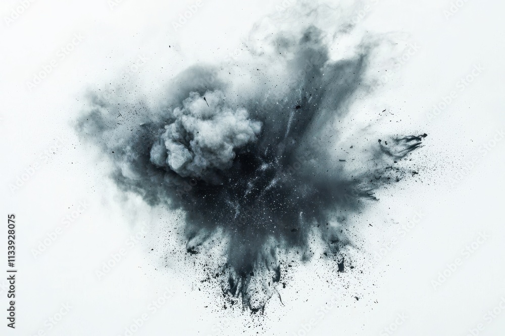 Poster dynamic explosion of smoke and dust creating abstract patterns in gray tones