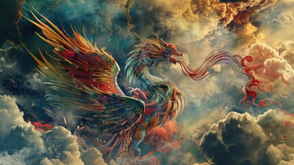 colorful clouds, colorful feathers, long flowing wings