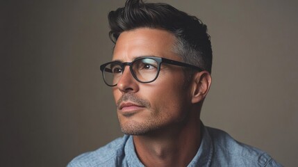 Fototapeta premium A stylish man with glasses and a sleek haircut, wearing a button-up shirt, set against a warm gray background
