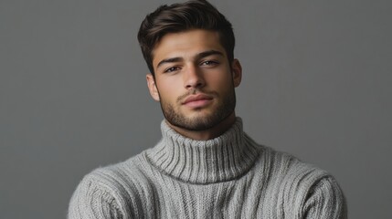 Obraz premium A stylish young man wearing a turtleneck sweater, gazing intensely at the camera, with a minimalist gray background