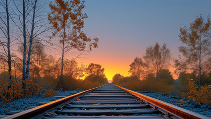 Fototapeta premium Railroad tracks at sunset, autumn landscape