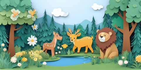 Papercraft Wildlife Scene: Deer, Lion, and Pond in a Lush Forest Setting
