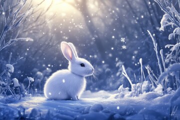 white rabbit in a snowy forest scene