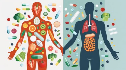 An educational infographic showing the difference between fat soluble and water soluble vitamins within the human body
