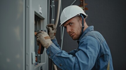 An electrician working on the electrical panel in a blue uniform and white helmet with multi rule eyes