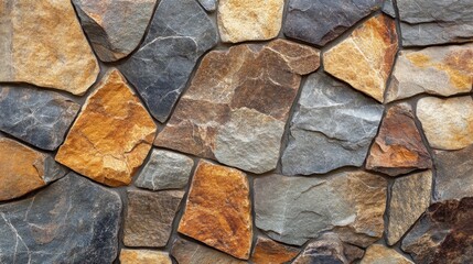 A wall made of various sizes and colors of stone.